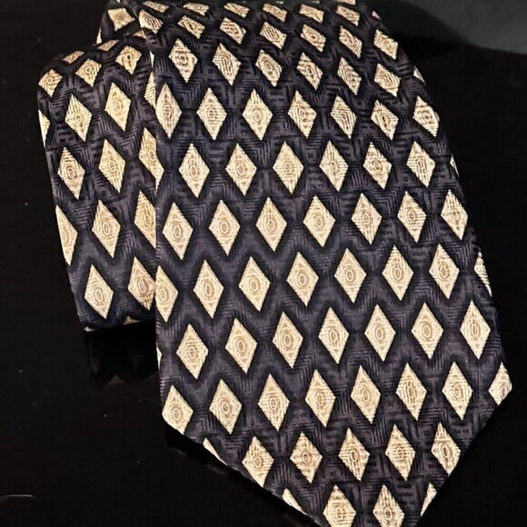 Umberto Rossi Italian Tie Silk Art  Deco Black Gold Mid Century Modern Gray Mens - Picture 1 of 6